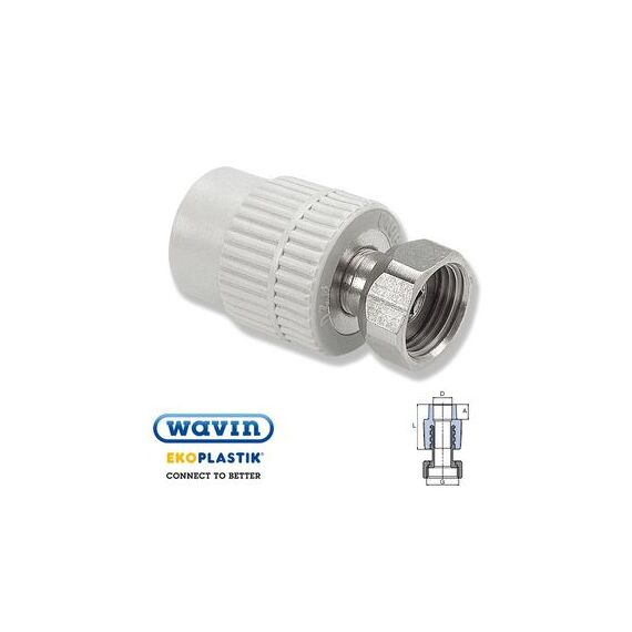 Поліпропіленовий перехід з металевою вставкою та накидною гайкою Ekoplastik, Розмір: 20х1/2