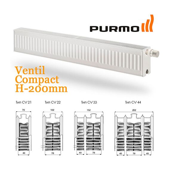 PURMO Ventil Compact Н200 (низькі), Тип радіатора: 21, Висота точна: 200, Довжина точна: 600, Підключення радіатора: Нижнє підключення