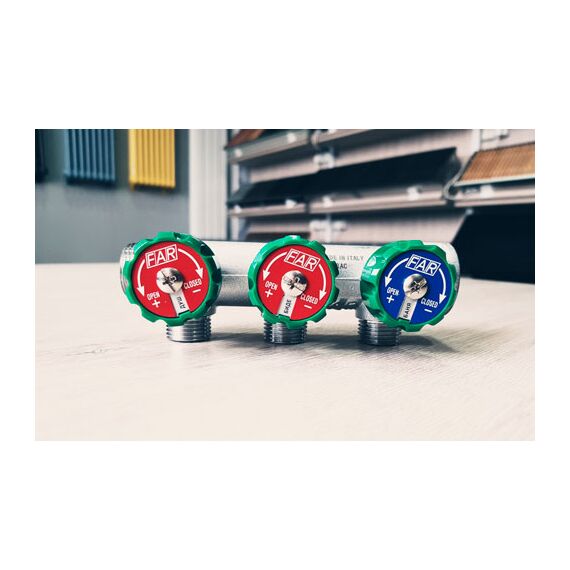 Коллектор под плоскую прокладку Far, Тип подключения (разное): Под плоскость, Кол-во выходов: 2 выхода, Размер: 3/4 на 1/2